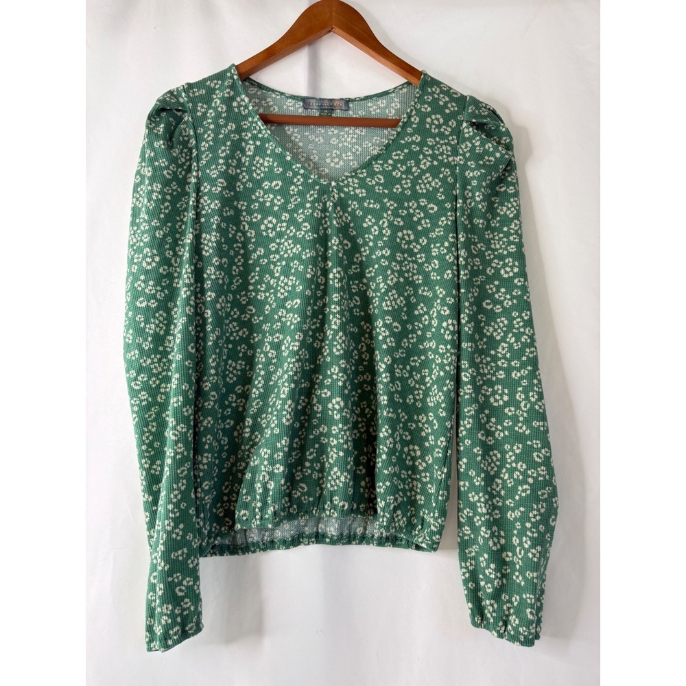 Good Luck Gem Green Waffle Knit Puff Sleeve V-Neck long sleeve Top Medium